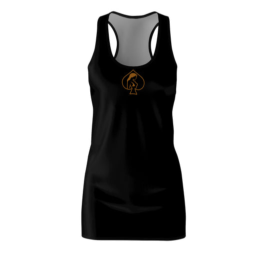 Black American Naughty HotWife Racerback Dress with Gold Spade Emblem — Women's Slim AOP Dress