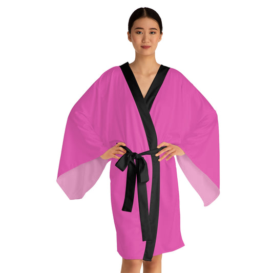 Beautiful and Sexy Pink Kimono Robe with Black Trim that say "Delicious" in Japanese