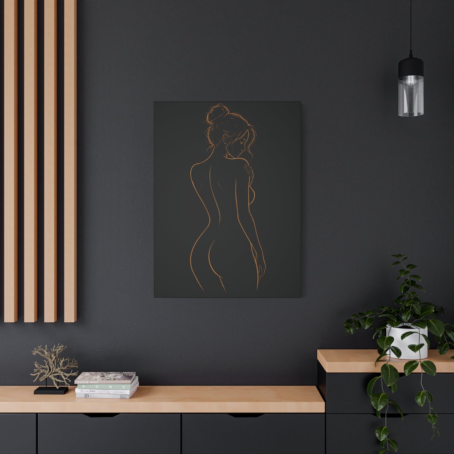 Minimal Nude Line Art Woman on Black, Elegant Wall Decor