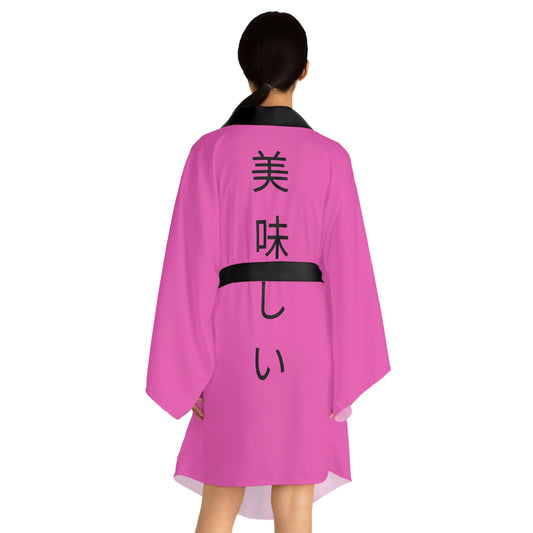 Beautiful and Sexy Pink Kimono Robe with Black Trim that say "Delicious" in Japanese