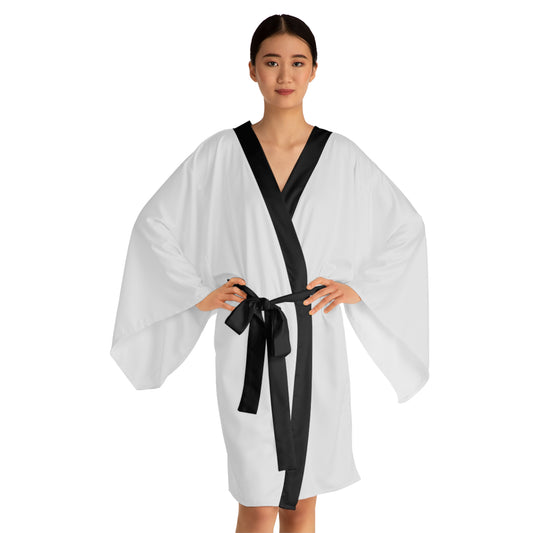 White Kimono Robe with Black Trim with a Japanese word that says "Delicious"