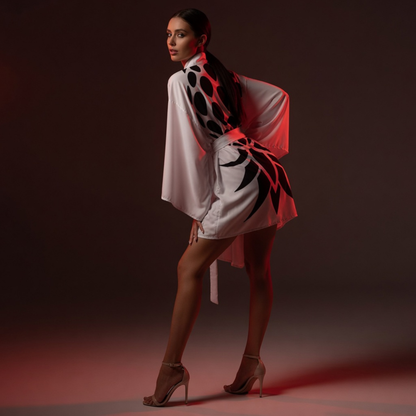 Private Stock™ Black SwingApple White Kimono Luxury Satin Robe Featuring the Signature SwingApple Design