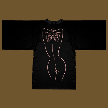 Private Stock™ Bronze Naked Female Outline Kimono Luxury Satin Robe Featuring the Signature SwingApple Design