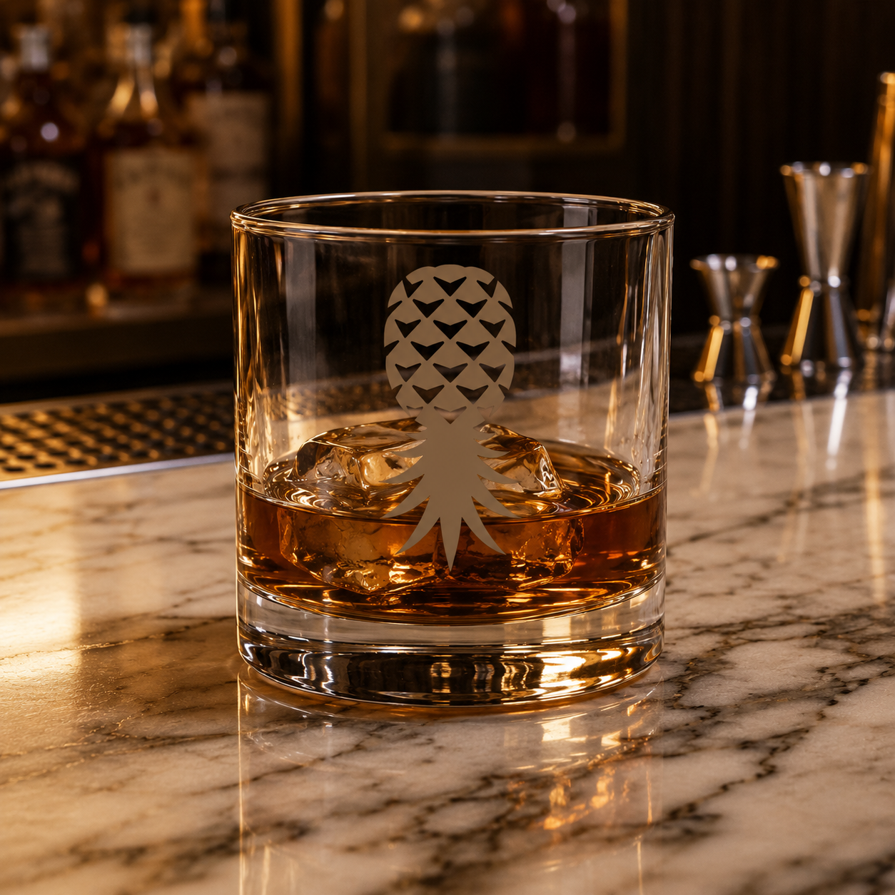 Engraved Pineapple Whiskey Glass — 10.5 oz Rocks Glass, Tropical Bar Gift