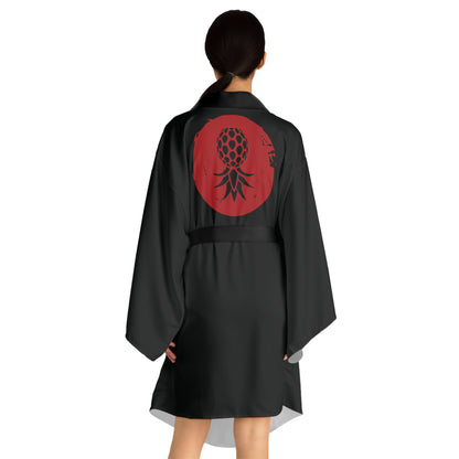 Black Satin Kimono Robe With Japanese Swingapple Rising Sun