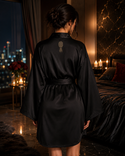 Black Satin Kimono Robe – Long Sleeve Bath & Lounge Wrap