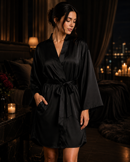 Black Satin Kimono Robe – Long Sleeve Bath & Lounge Wrap