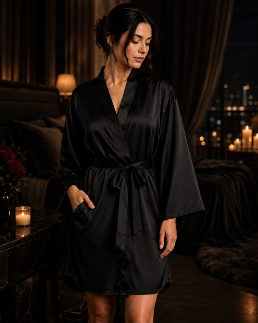 Black Satin Kimono Robe – Long Sleeve Bath & Lounge Wrap